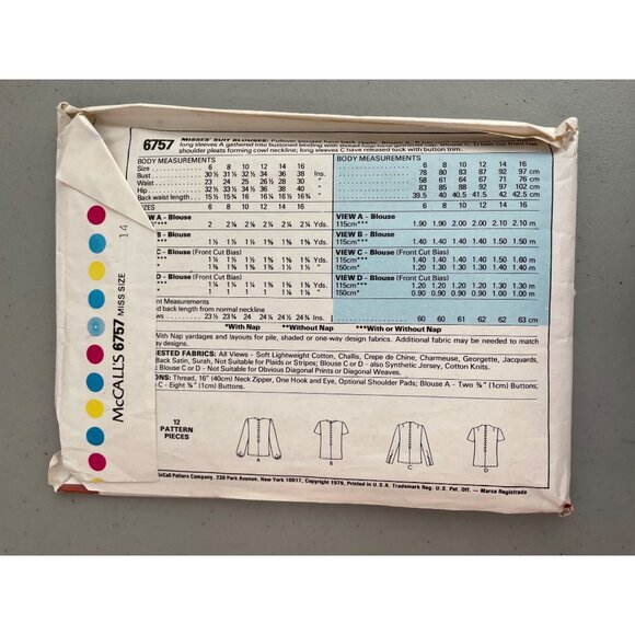 70s McCalls 6757 Misses Suit Blouses Sewing Pattern Size 14 Bust 36 Vintage CUT - Picture 3 of 6